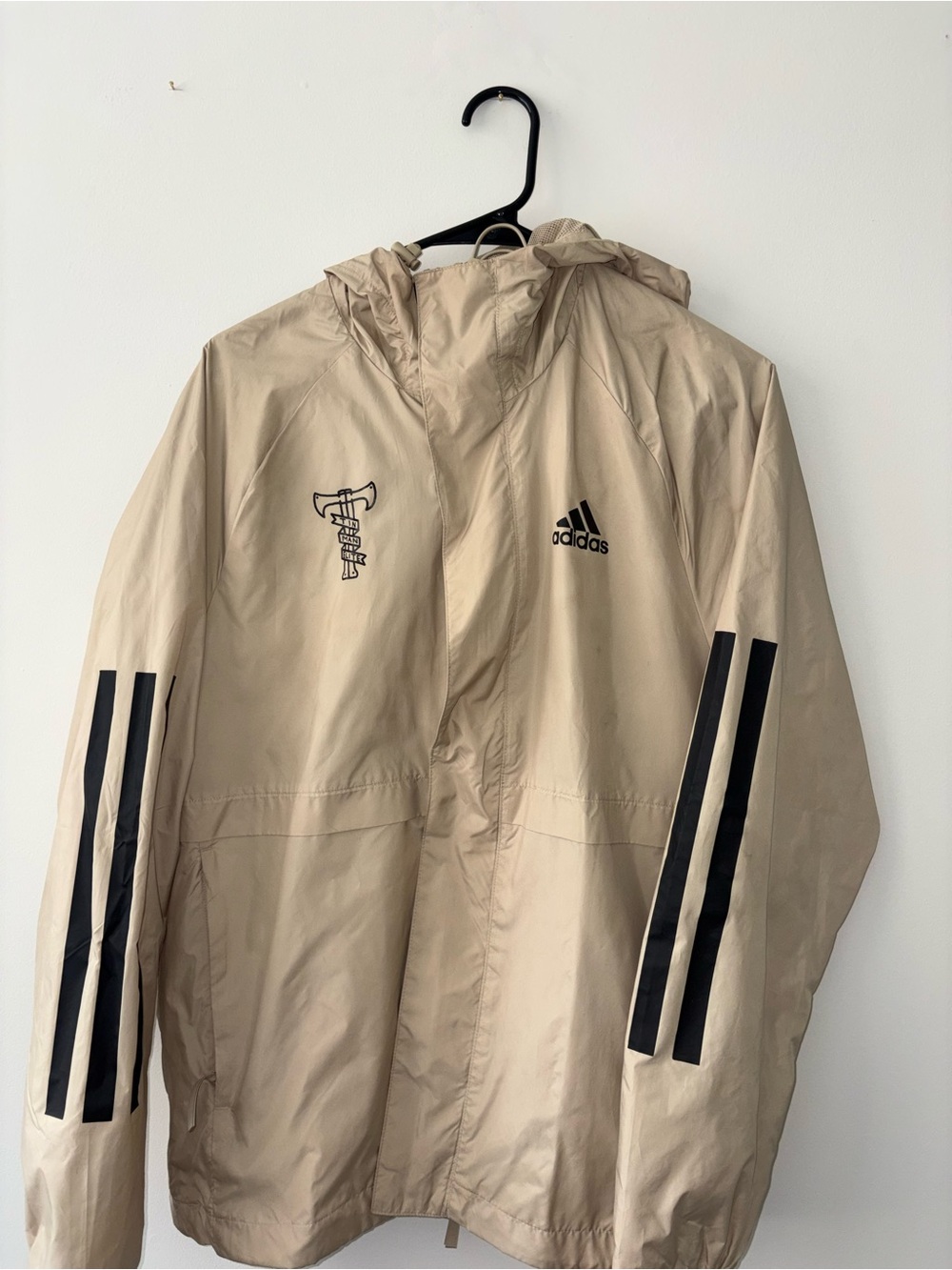 Adidas Beige Hooded Athletic Windbreaker with Black Sleeve Stripes